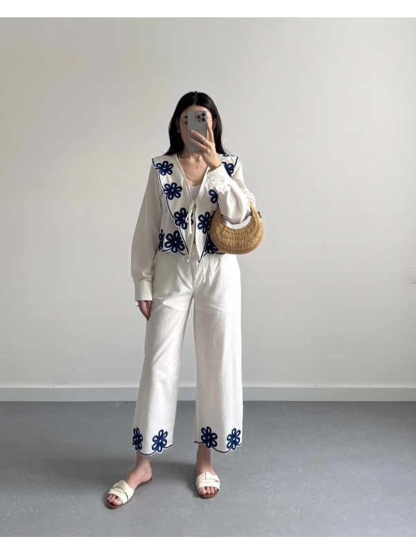 MAVİ NAKIŞ DETAYLI GÖMLEK PANTOLON TAKIM