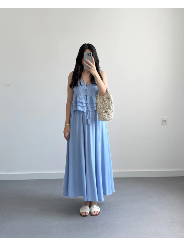 MAVİ KETEN GOFRE NAKIŞLI TASARIM ETEK TAKIM