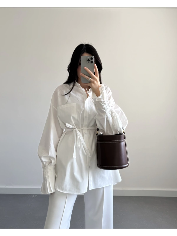 MAZEL KOL DETAYLK KEMERLİ GÖMLEK BEYAZ