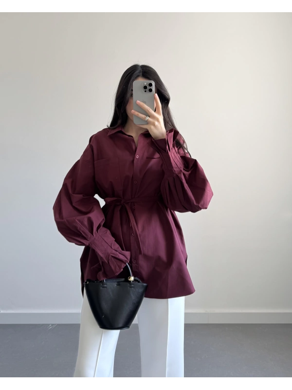 MAZEL KOL DETAYLK KEMERLİ GÖMLEK BORDO