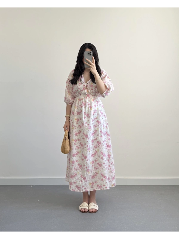 MERİ MÜSLİN ÇİÇEKLİ ELBİSE PEMBE