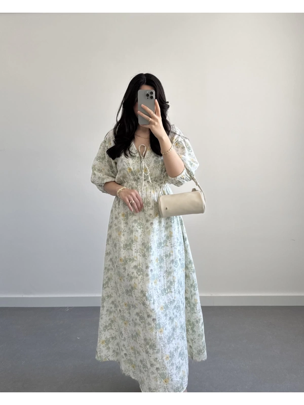 MERİ MÜSLİN ÇİÇEKLİ ELBİSE YEŞİL