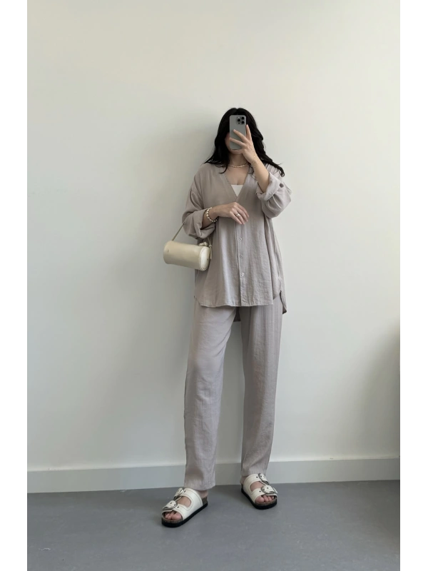 Mia açık vizon V yaka tensel gömlek takım