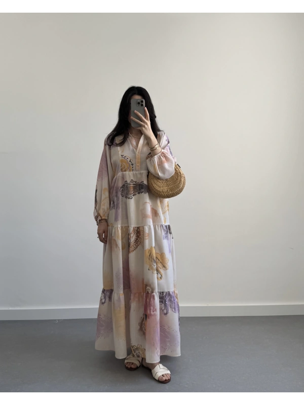 MİLES SARI-TURUNCU UZUN ELBİSE