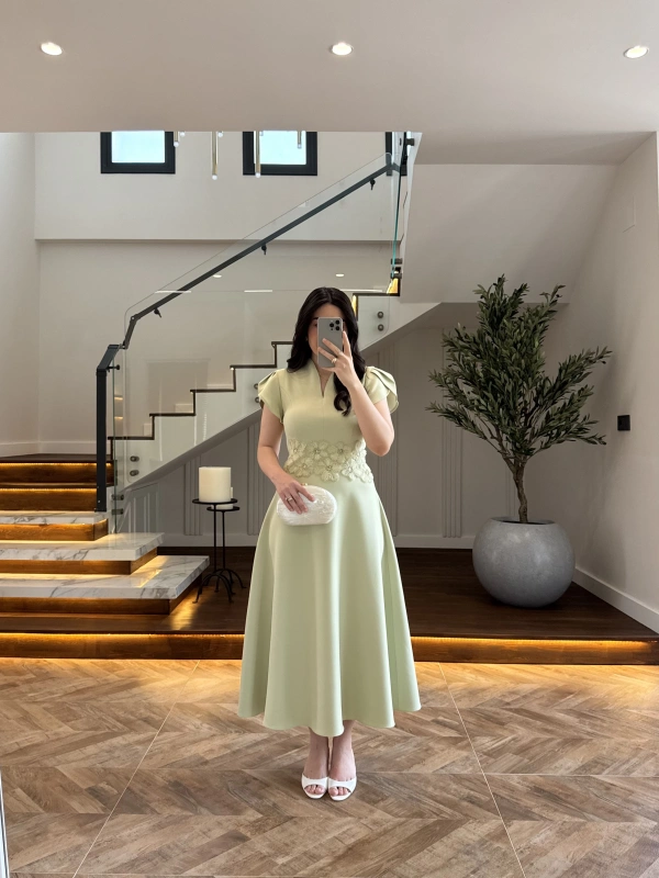 (ÖN SİPARİŞ )MİNT ÇİÇEK DESEN ELBİSE -3246