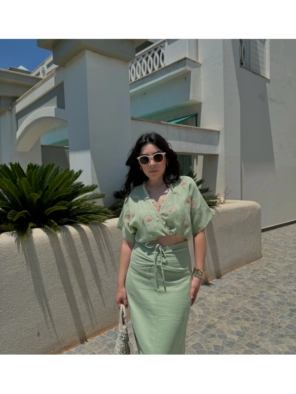 Mint yeşil deniz kabuklu etek takım