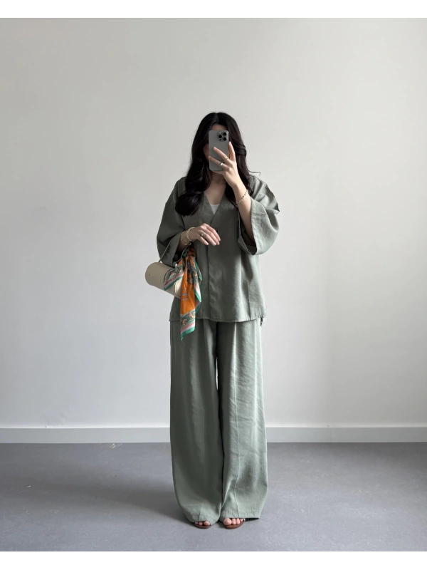 MİNT YEŞİL ÖNÜ DÜĞMELİ KİMONO TENSEL TAKIM