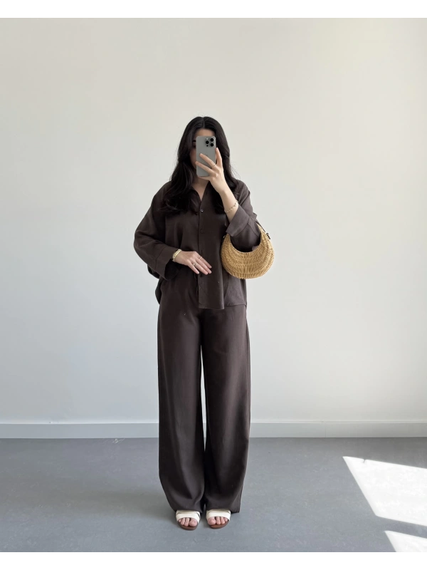 MİSTY KAHVE KETEN GÖMLEK TAKIM