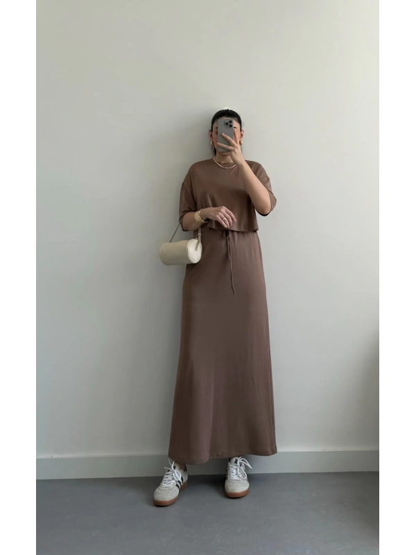 Modal etekli kahve tshirt takım