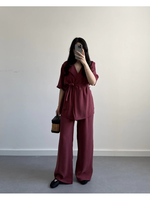 MORE BORDO MODAL KUŞAKLI TAKIM