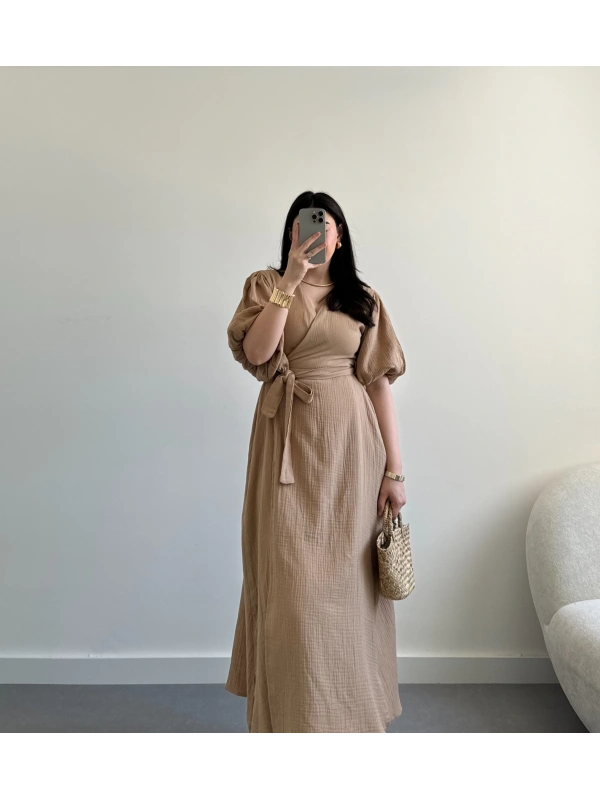 Müslin kumaş balon kol elbise