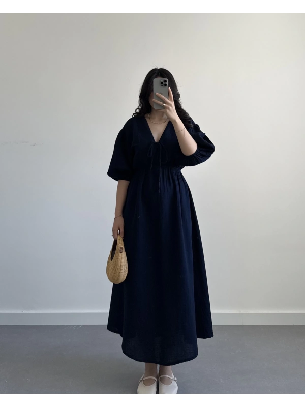 MERİ MÜSLİN KUMAŞ LACİVERT ELBİSE