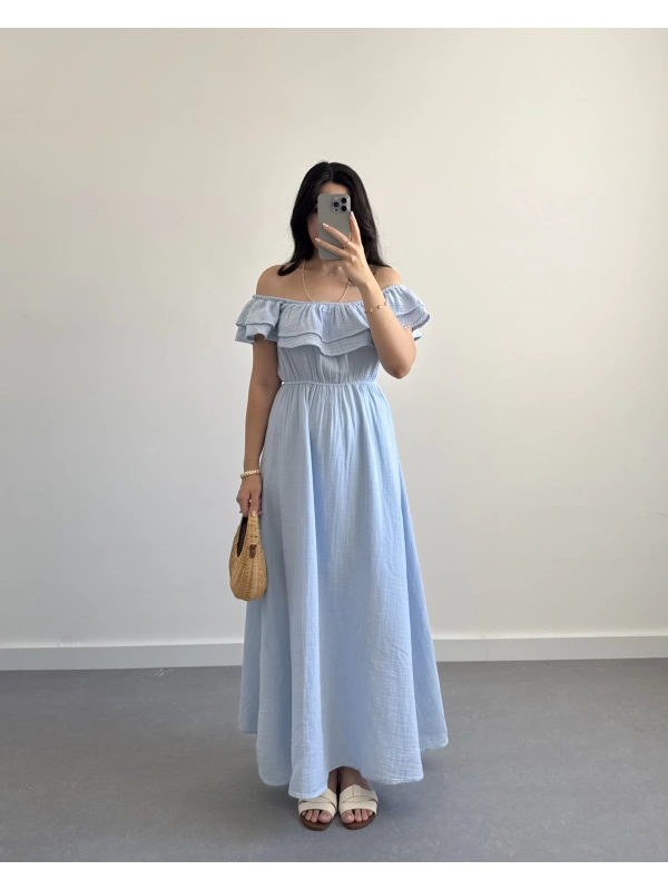 MÜSLİN MADONNA YAKA ELBİSE BEBE MAVİ