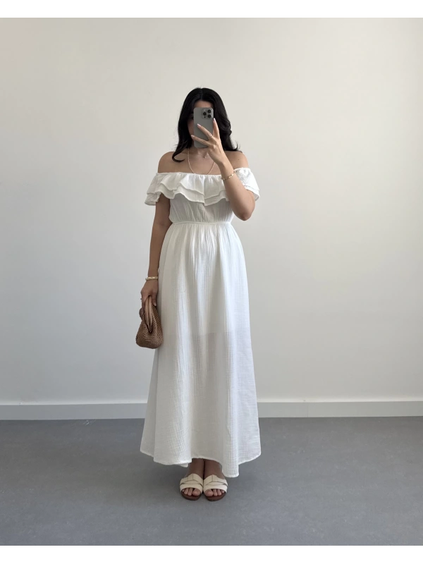 MÜSLİN MADONNA YAKA ELBİSE BEYAZ