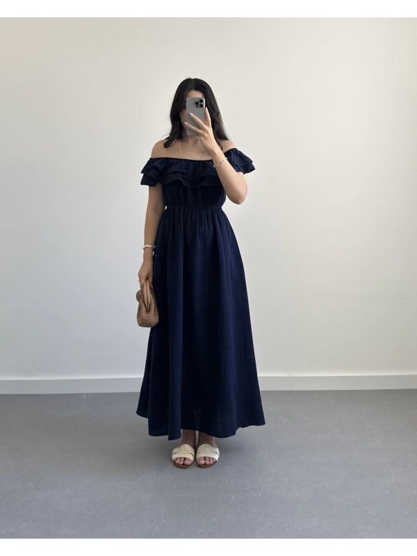 MÜSLİN MADONNA YAKA ELBİSE LACİVERT