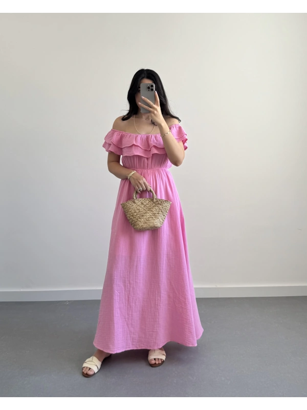 MÜSLİN MADONNA YAKA ELBİSE PEMBE