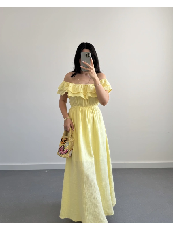 MÜSLİN MADONNA YAKA ELBİSE SARI