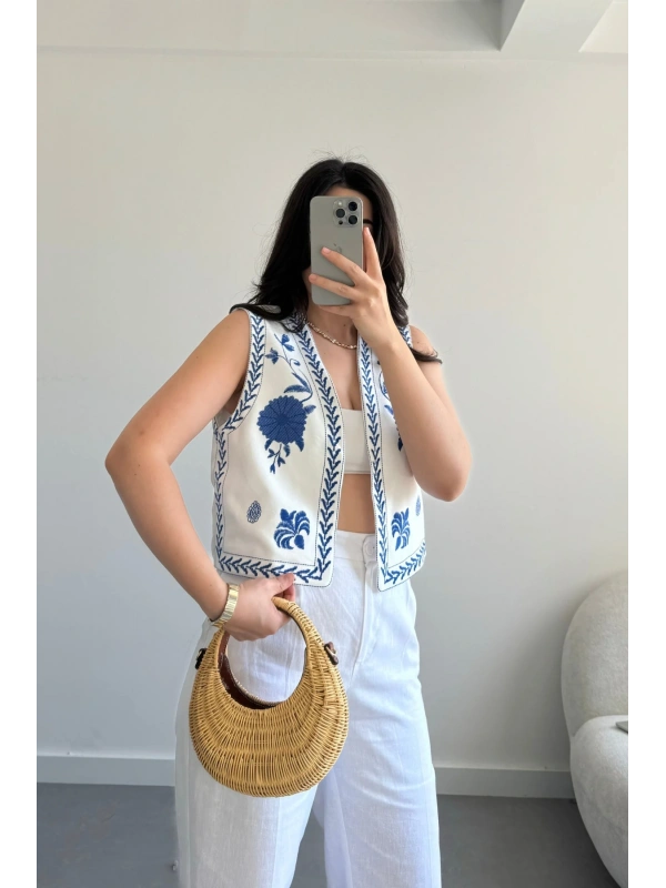 Nakış Baskılı beyaz yelek