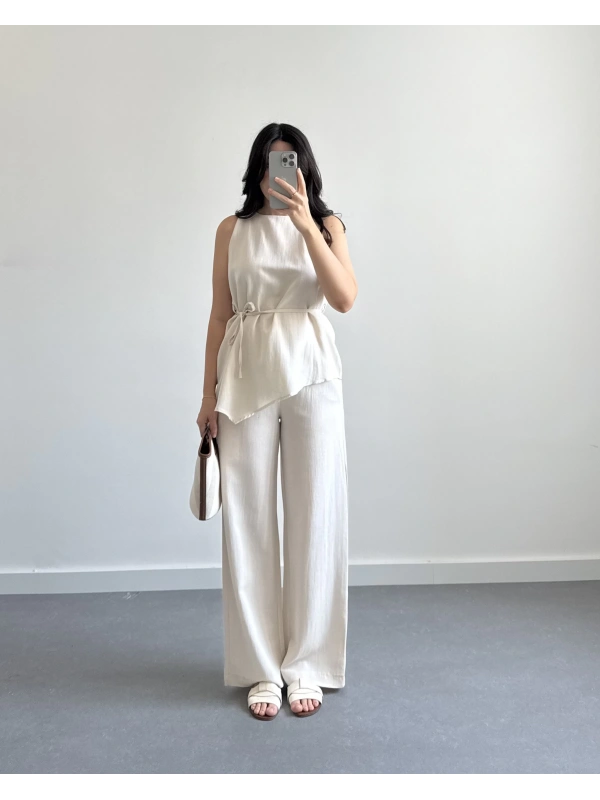 NATURAL ASİMETRİK KUŞAKLI BLUZ PANTOLON TAKIM