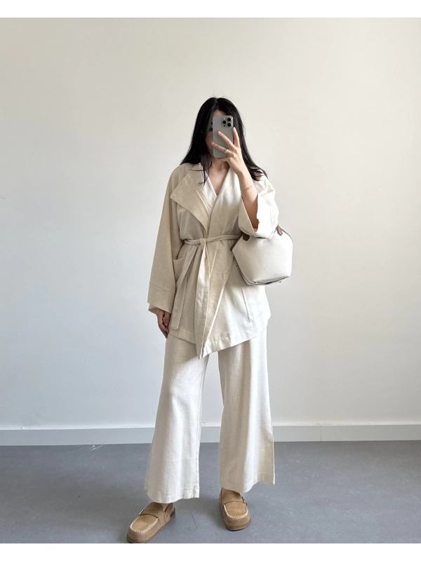 NATURAL HAM KETEN KİMONO İKİLİ TAKIM