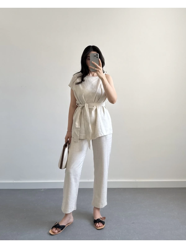 NATURAL OMUZ DETAYLI KUŞAKLI TAKIM