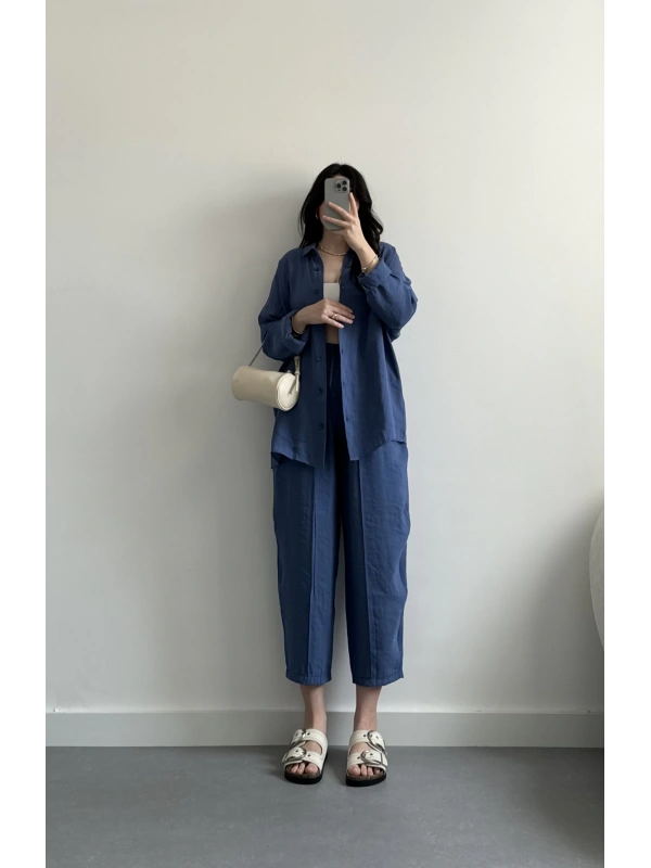 Nell indigo tensel gömlek takım