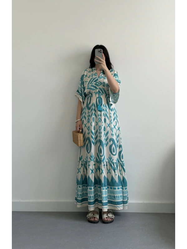 Nora mavi uzun elbise