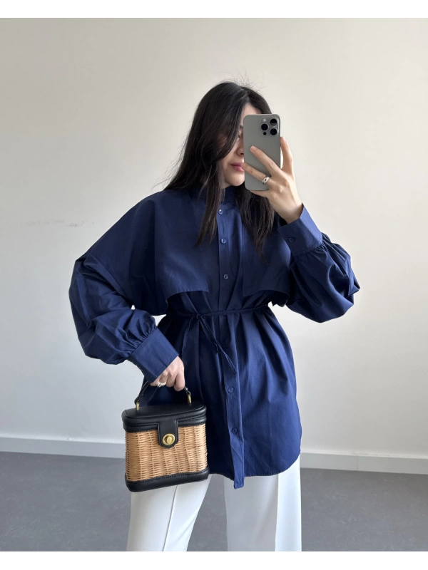 NOX LACİVERT BAĞLAMALI POPLİN GÖMLEK