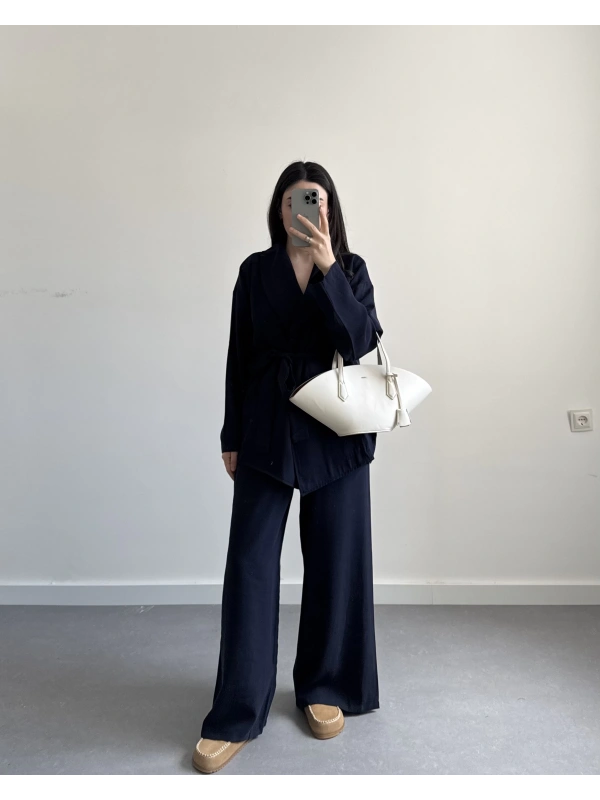 NRE LACİVERT TASARIM KUŞAKLI TAKIM