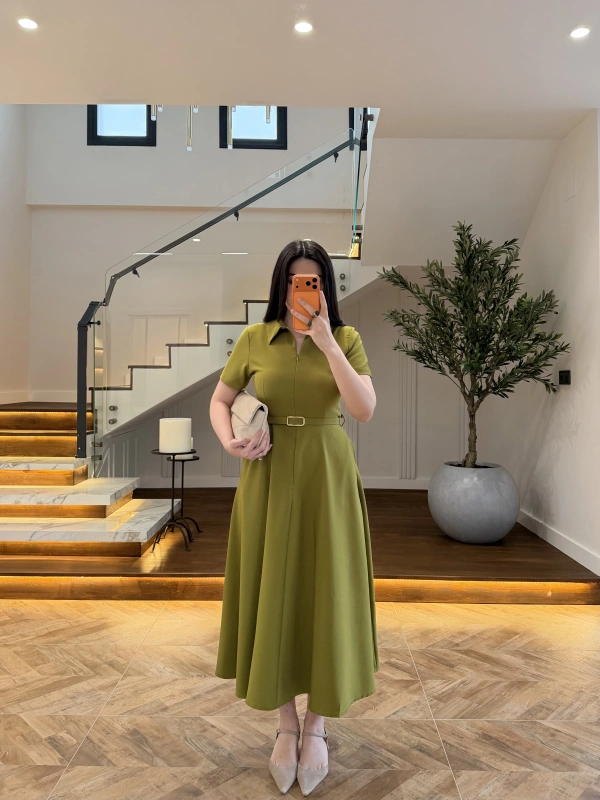 OLİVE ÖNDEN FERMUARLI KEMERLİ ELBİSE-4006