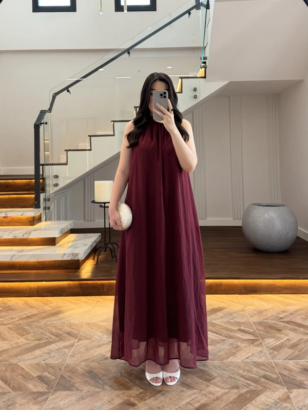 BORDO YAKA BAĞCIKLI ELBİSE -4074