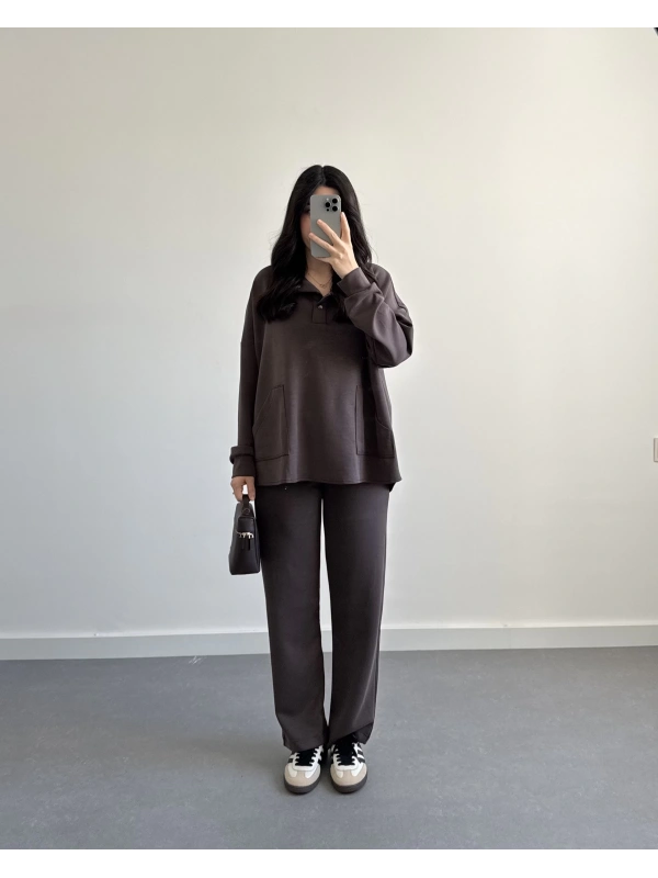 ÖNÜ DÜĞMELİ MODAL TAKIM KAHVE