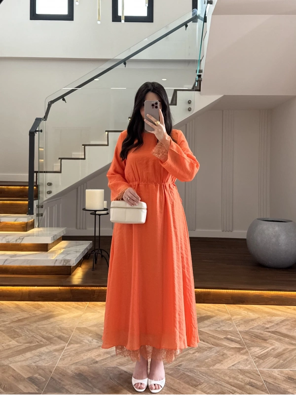 ORANGE DANTELLİ TENSEL ELBİSE-32466