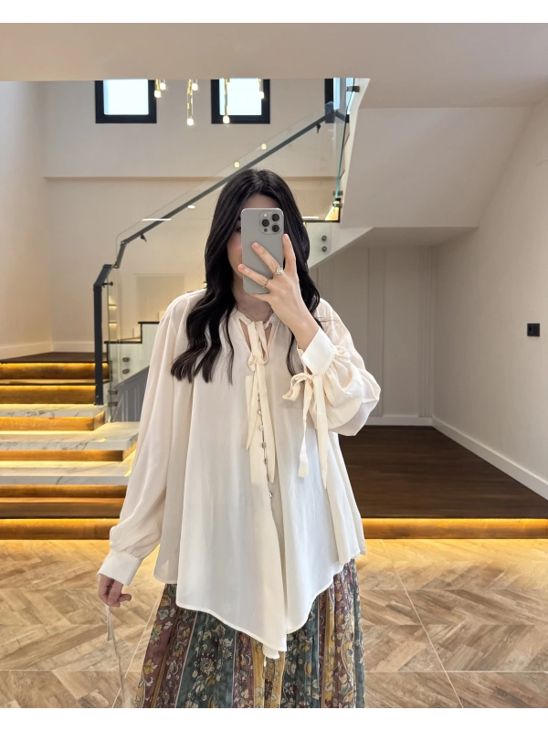 OVERSİZE BAĞLAMA DETAYLI GÖMLEK EKRU -4988