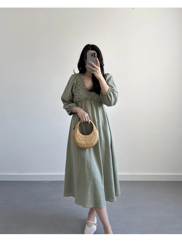 OWEN HAKİ DANTELLİ ELBİSE