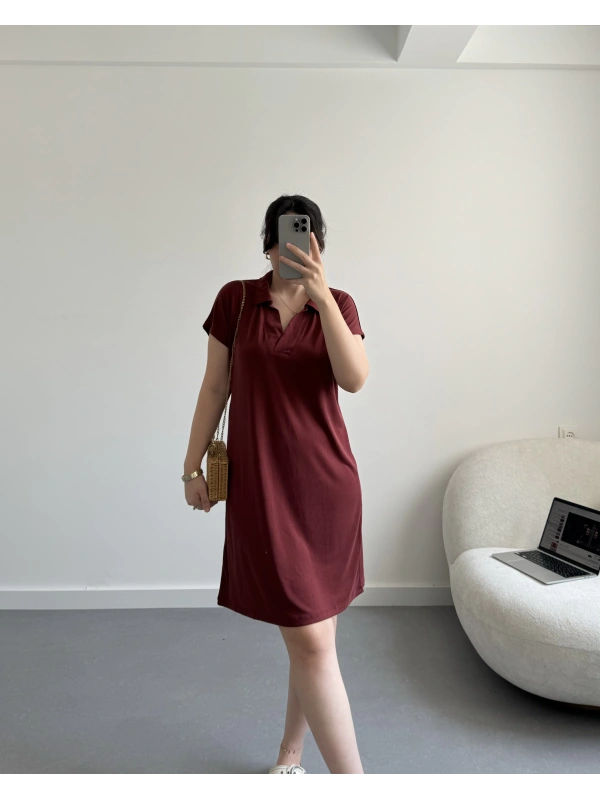 Oysh Bordo Polo Yaka Modal Elbise