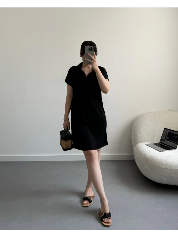 Oysh Siyah Polo Yaka Modal Elbise