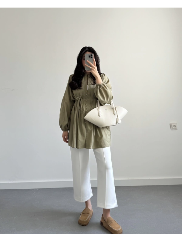 Pamuk Vual Biyeli Gömlek Yağ Yeşil