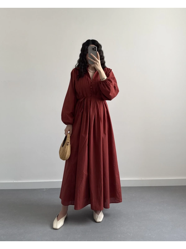 PAMUK VUAL UZUN ELBİSE KİREMİT