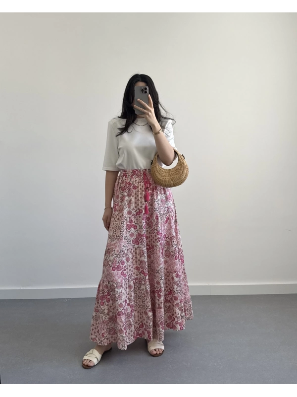 PEMBE ÇİÇEKLİ BOHEM ETEK