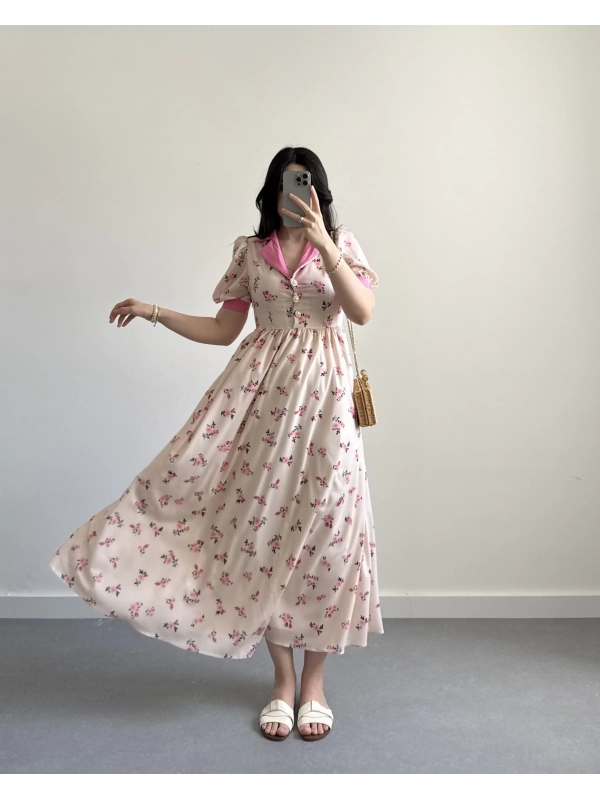 PEMBE ÇİÇEKLİ İNCİ DÜĞME ELBİSE