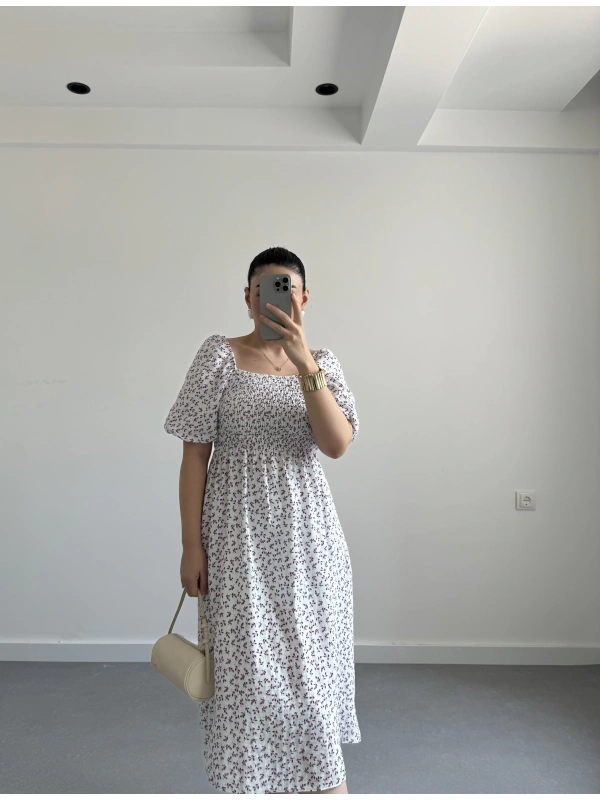 Pembe Çiçekli Midi Boy Elbise