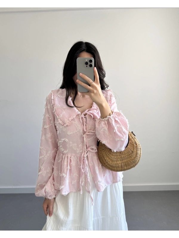 PEMBE ÇİZGİLİ BEBE YAKA PÜSKÜL BLUZ