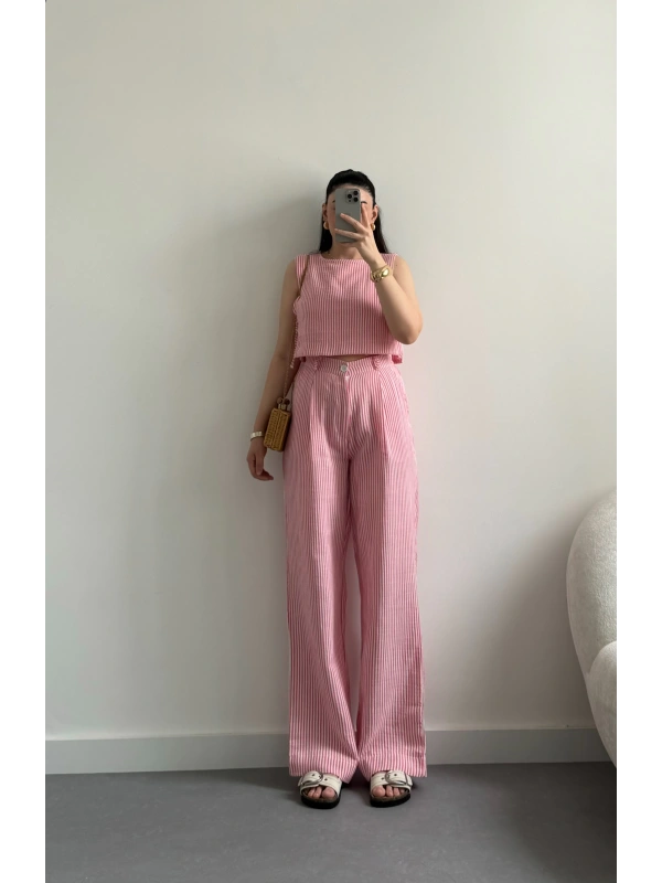 Pembe çizgili keten crop takım