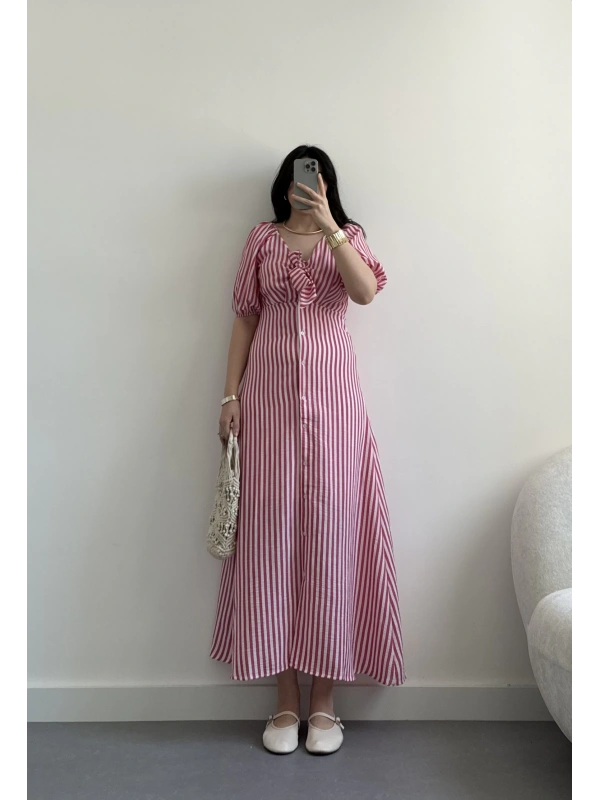 Pembe çizgili keten midi boy elbise
