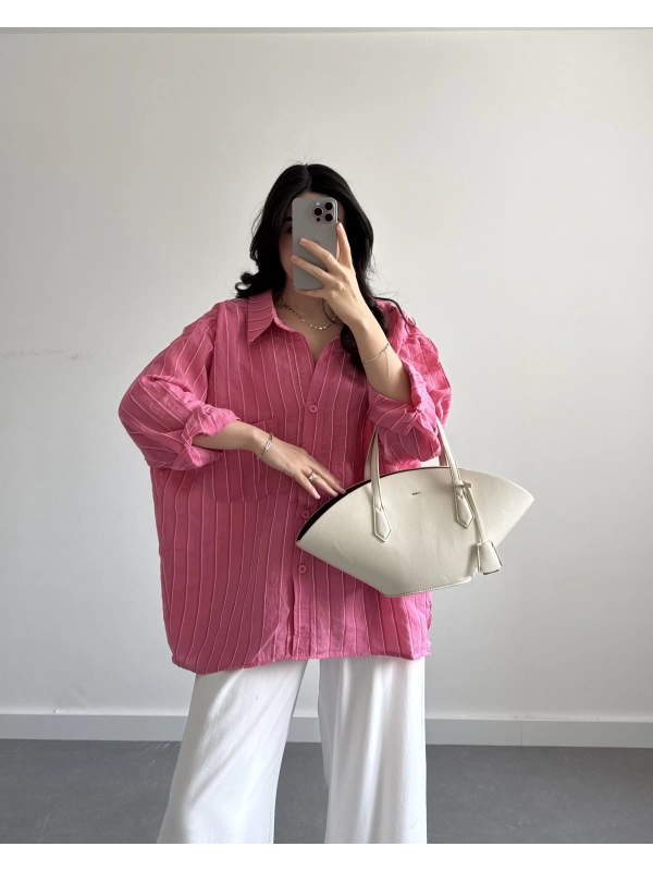 PEMBE ÇİZGİLİ PREMİUM TENSEL GÖMLEK