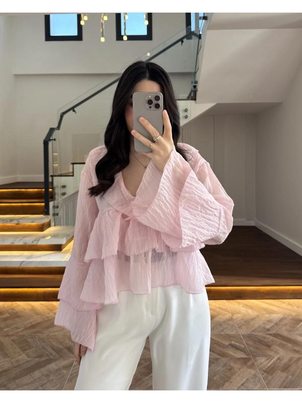 PEMBE KAT KAT DETAY BLUZ-1060