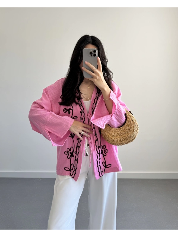 PEMBE MÜSLİN NAKIŞLI KİMONO