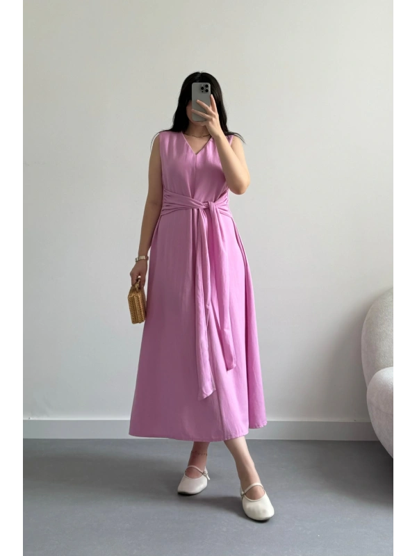 Pembe Önü Bağlamalı Keten Elbise