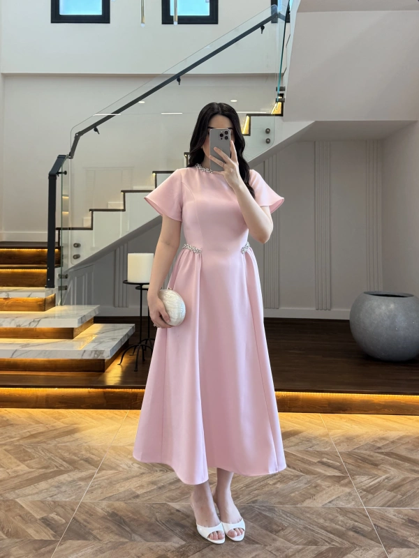 PEMBE TAŞ DETAY ELBİSE -EU3220